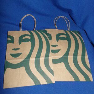 Lot of 2 Starbucks Paper Shopping Gift Lunch Bags - Braided "Jute" Handles